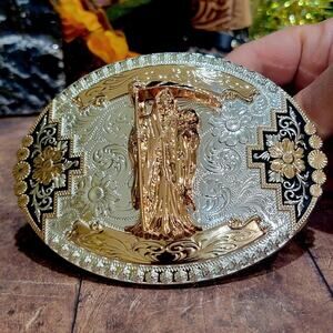 Santa Muerte belt Buckle Oval Buckle Rose Gold Silver Heavy Zinc Alloy